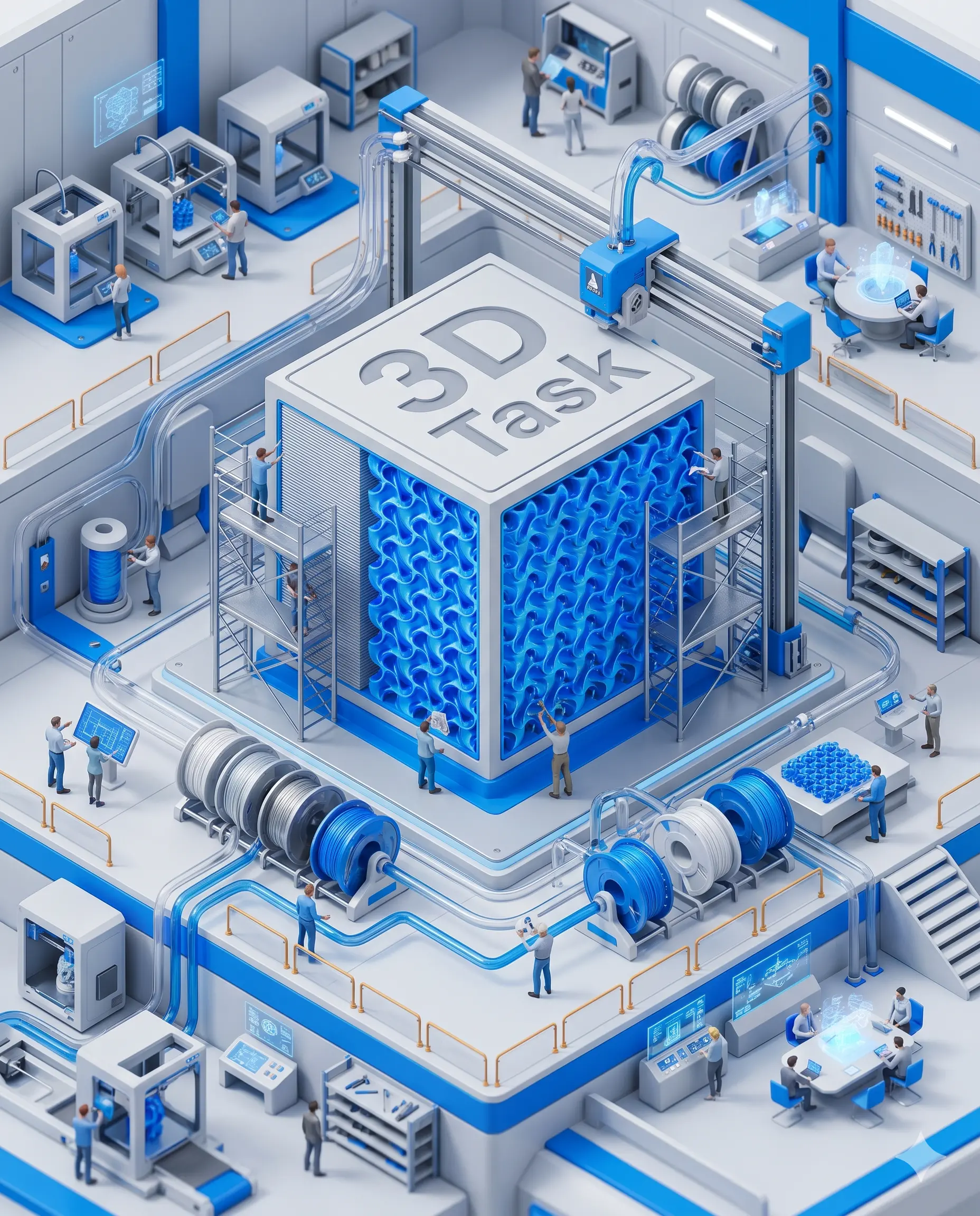 Isometric 3D illustration of a futuristic 3D printing ecosystem where ...